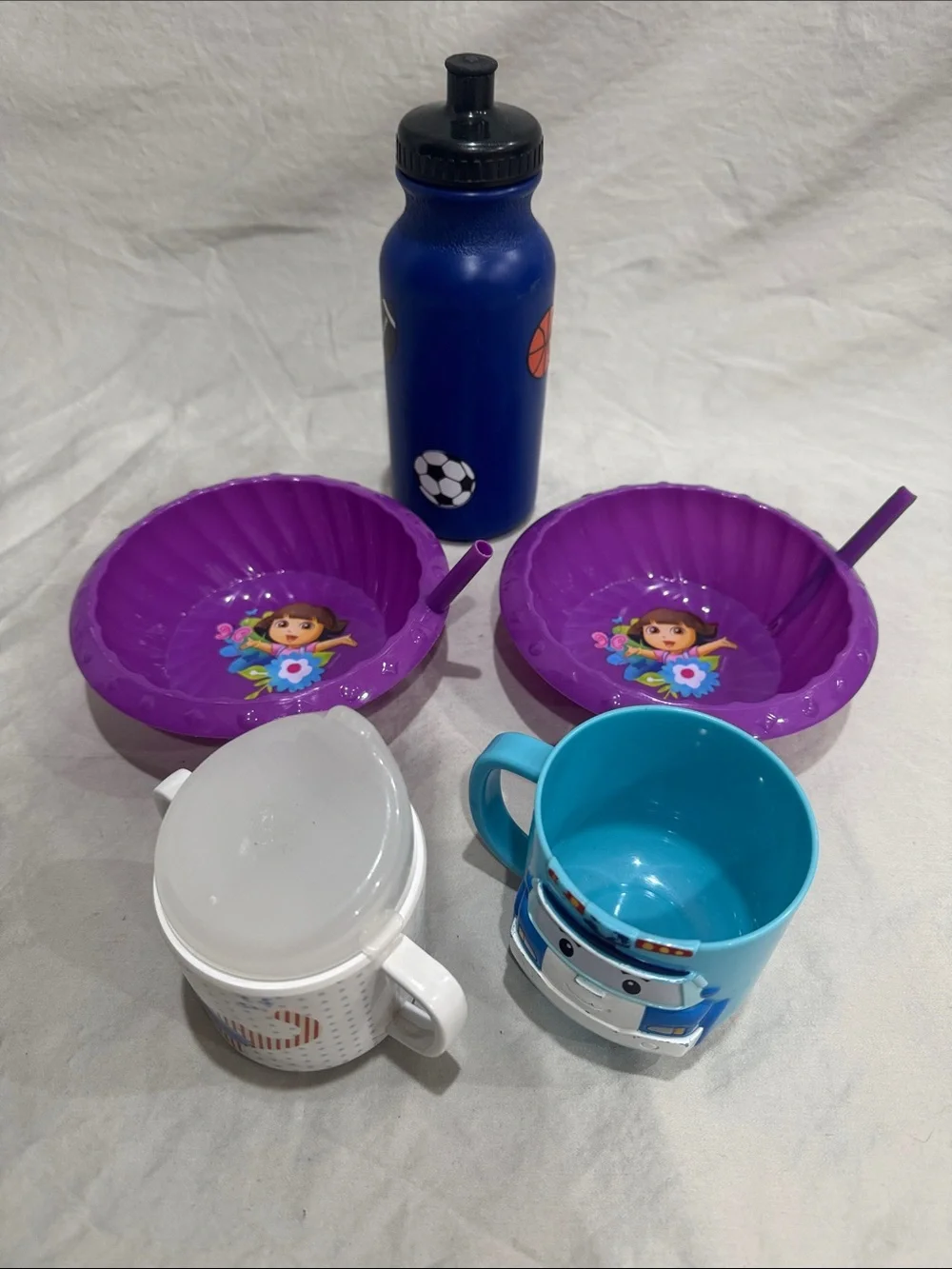 Dora Purple Kids Bowl Set with Blue Sports Water Bottle and Cups